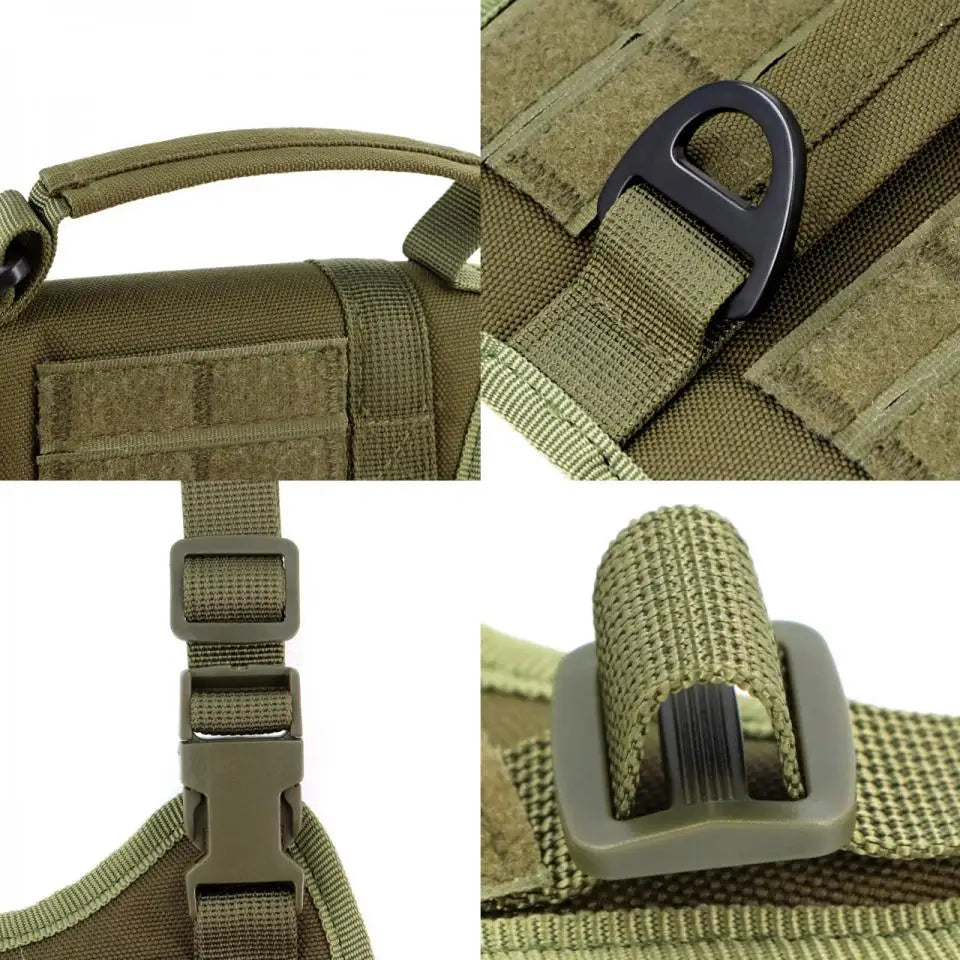 Close-ups: soft grab handle, triangle back ring, quick-release buckle and strap keeper