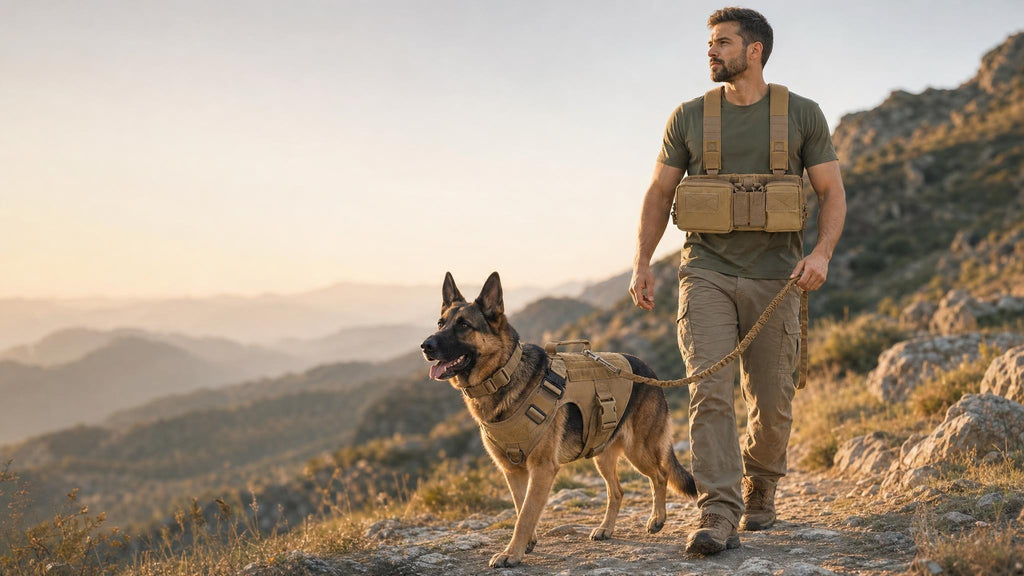 Man and German Shepherd in matching coyote gear