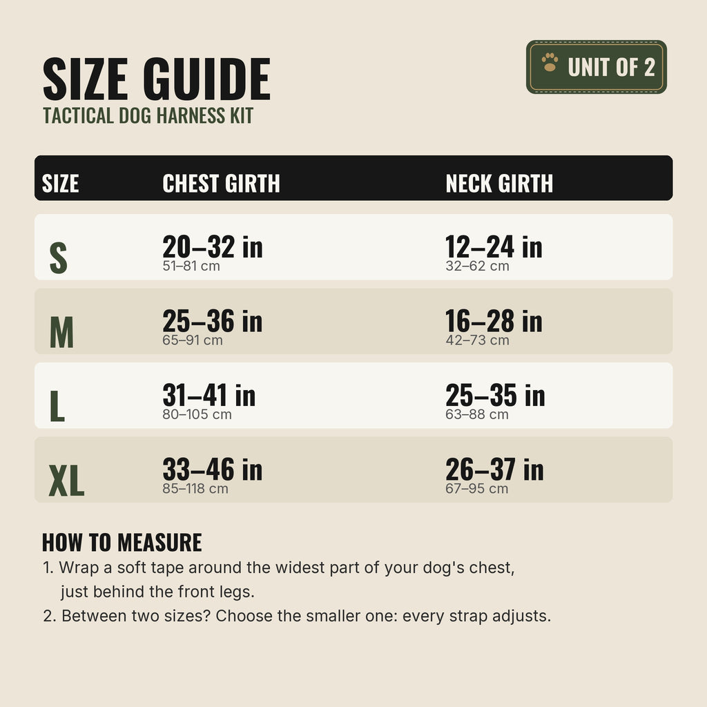 Tactical dog harness size guide: chest and neck girth for S, M, L, XL