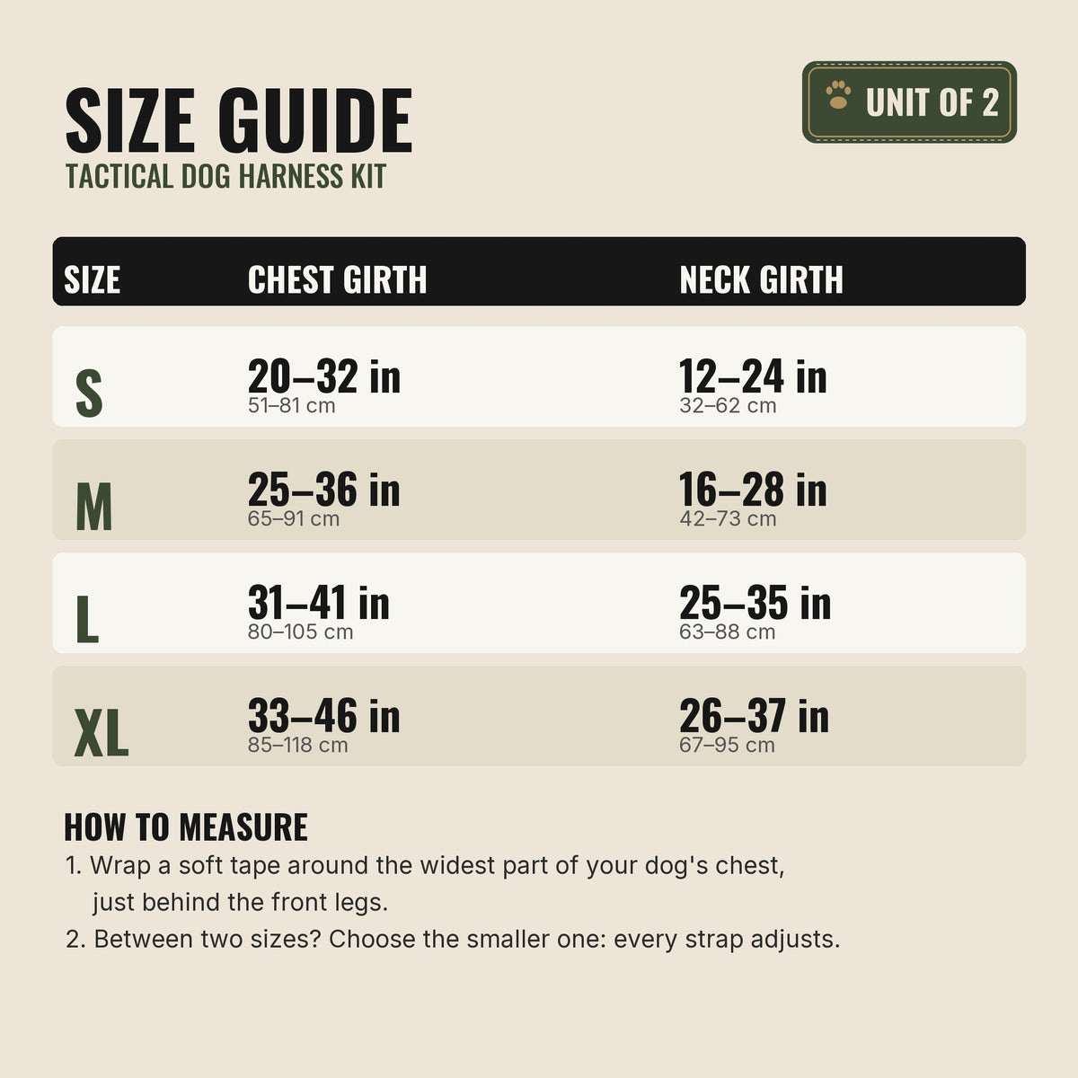 Tactical dog harness size guide: chest and neck girth for S, M, L, XL