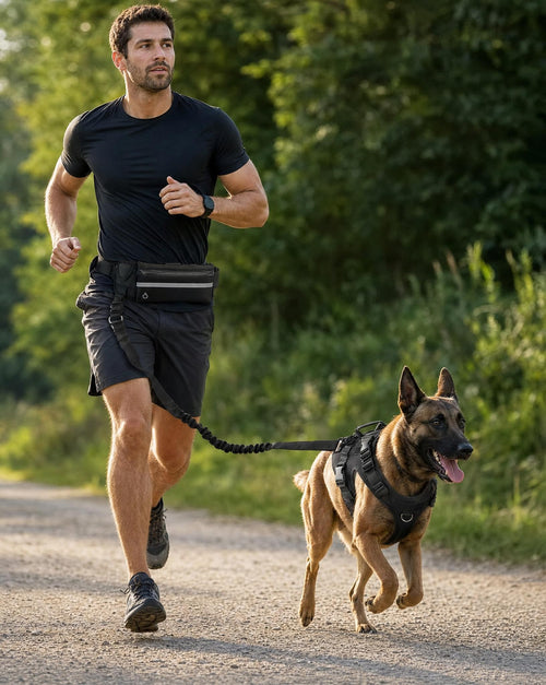 Man running with a Malinois on the hands-free waist leash