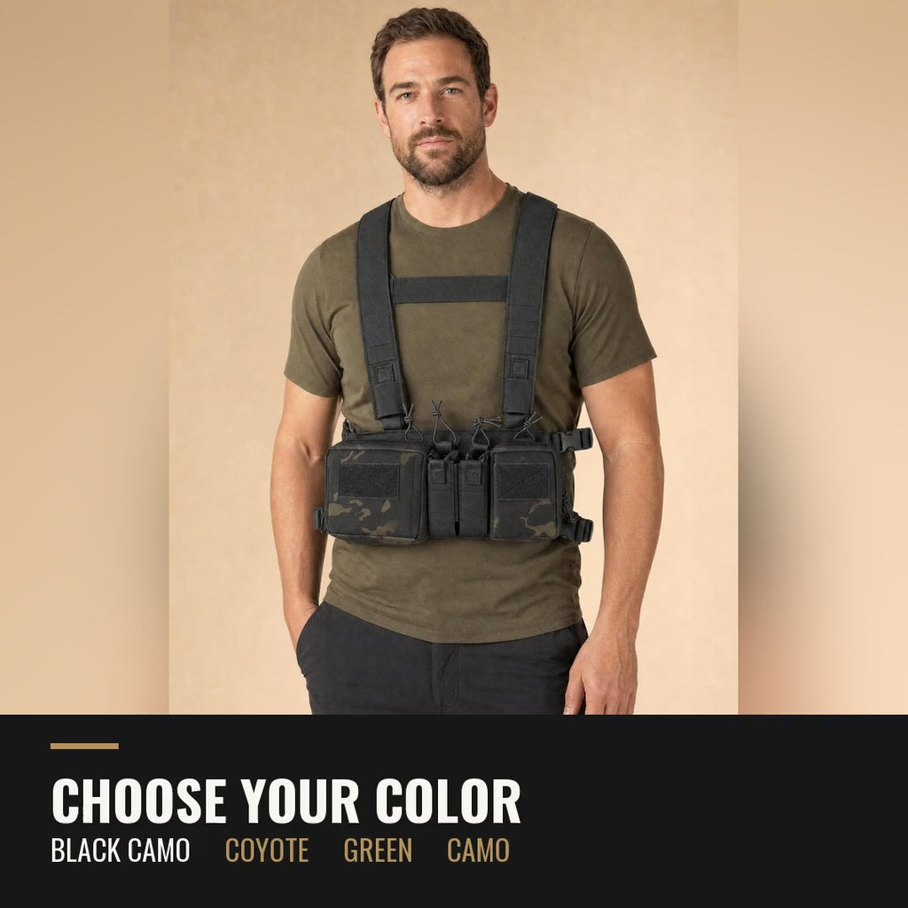 Choose your color: the tactical chest rig on one model in Black Camo, Coyote, Green and Camo