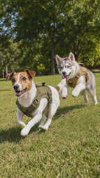 Jack Russell and husky puppy in matching tactical harnesses playing chase in a park