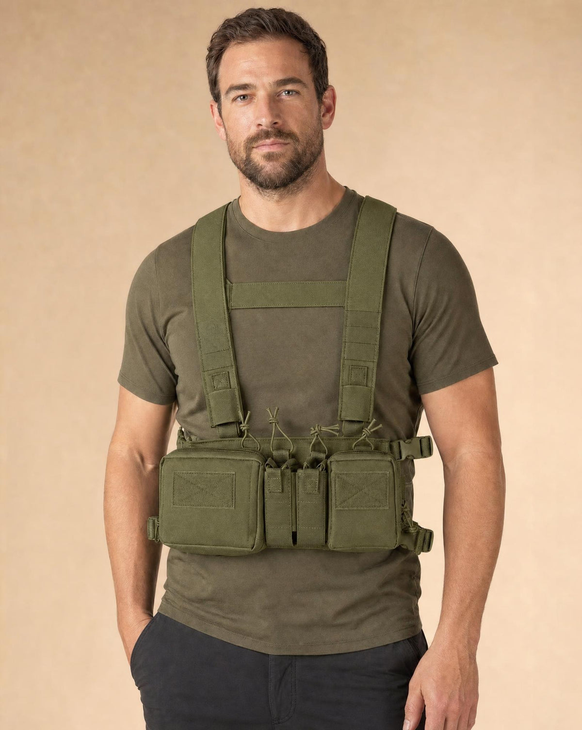 Tactical chest rig in Green, worn by a man