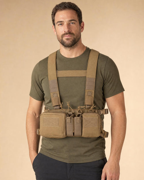 Tactical chest rig in Coyote, worn by a man