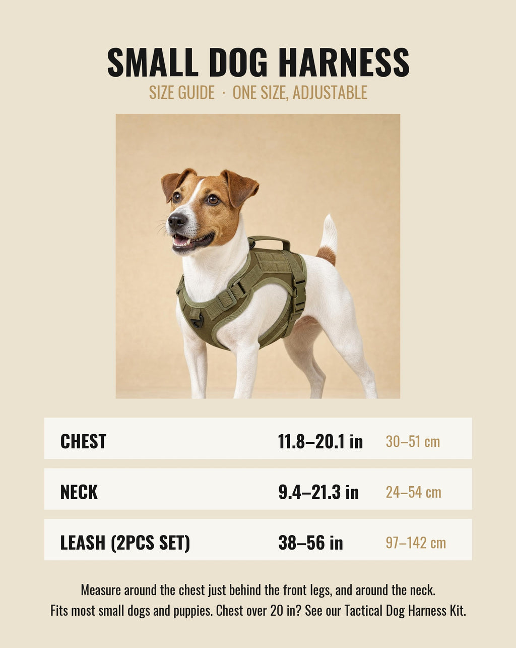 Small dog harness size guide: one size, chest 11.8-20.1 in, neck 9.4-21.3 in