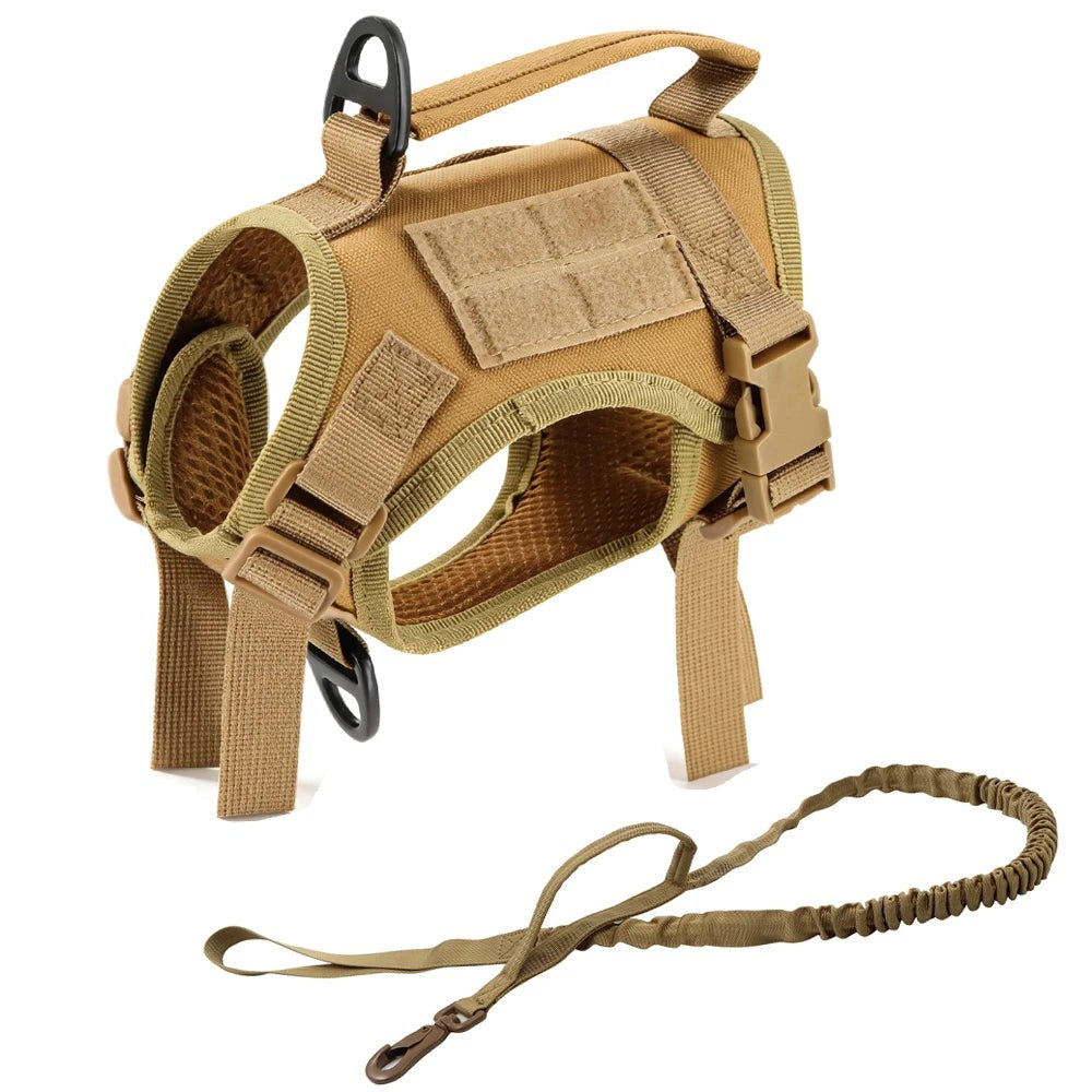 Tactical small dog harness in Brown: harness and matching bungee leash (2pcs set)
