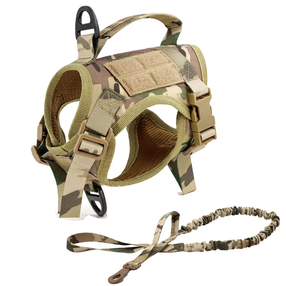 Tactical small dog harness in Camo: harness and matching bungee leash (2pcs set)