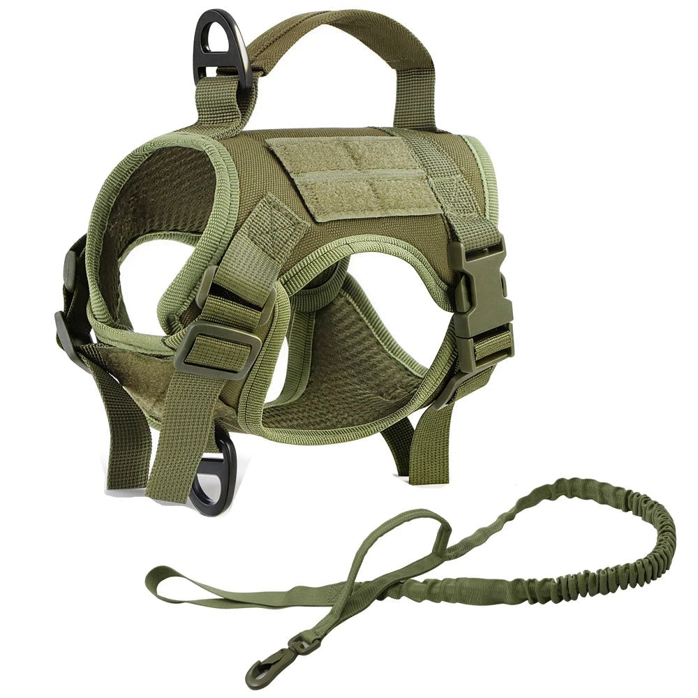 Tactical small dog harness in Green: harness and matching bungee leash (2pcs set)
